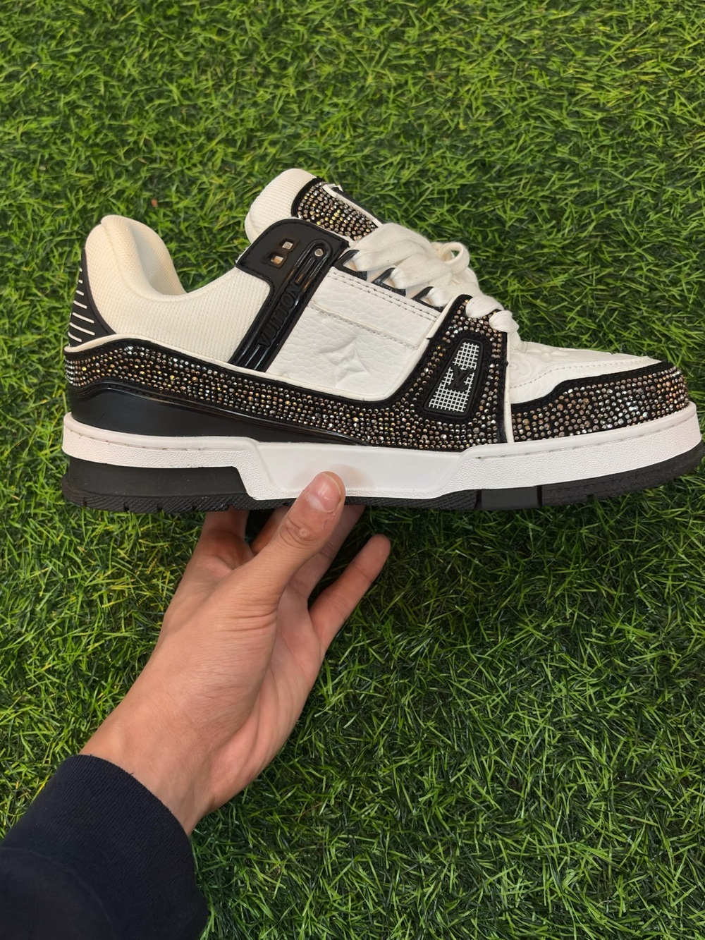 Louis Vuitton White and Black Low-Top Sneaker with Crystal Detailing